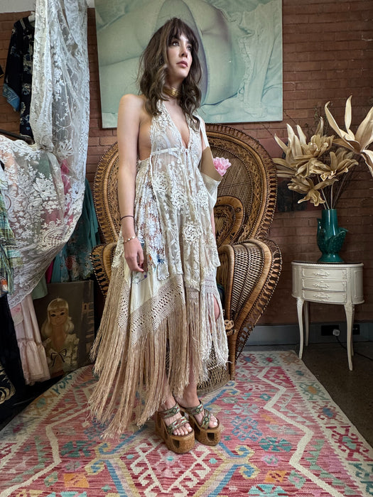 Paula, reworked 30s lace and silk fringed dress