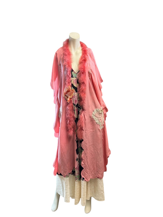 Lolie, 30s silk feather scalloped silk robe with lace inserts and floral button