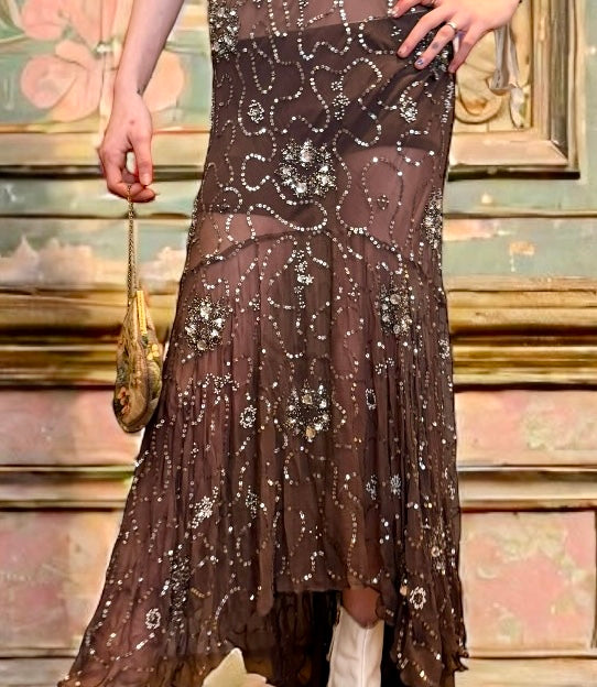 Aria, 90s anthracite silk bias cut beaded mermaid dress