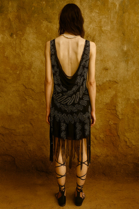Zandra Rhodes, Rare 70s navy print silk slip and ribbon beaded dress with pearl trim