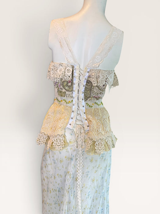 Sage, reworked Victorian embellished corset and organza frill long floral print skirt