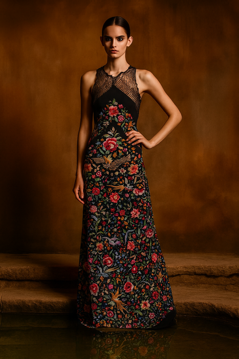 Avens, 40s reworked floral embroidered fringed scarf dress