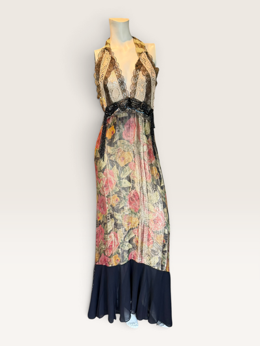 Dray, reworked 1920s floral lamé and metallic dress with glass black jet beaded fringed waistband