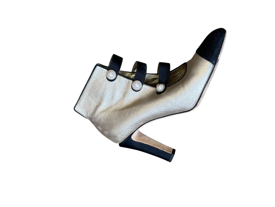 Chanel, Y2K gold and black heeled pearl button shoes