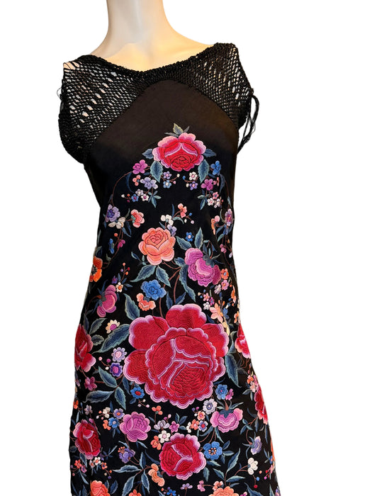 Birdie, reworked 40s embroidered piano shawl bias cut fringed dress