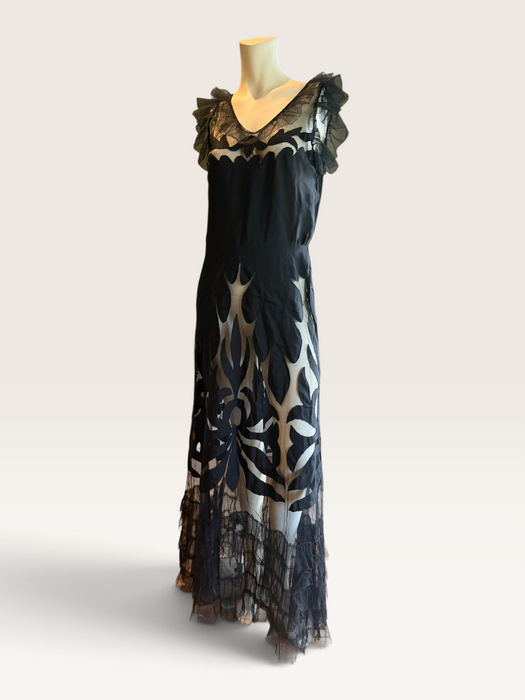 Oriel, 30s black net silk cut out frill dress