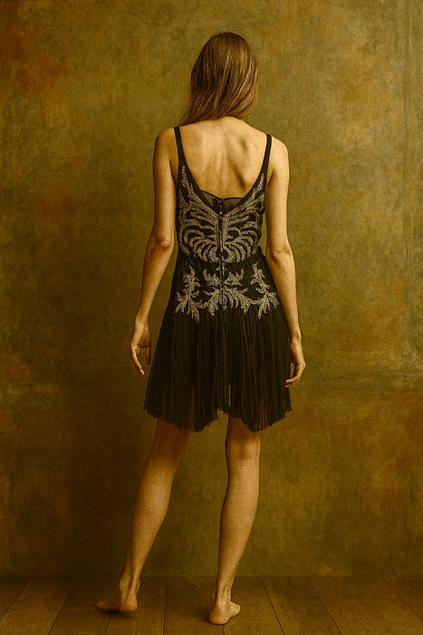 Clara, vintage silk and gold beaded pleated dress