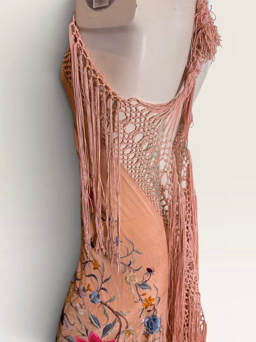 Mina, reworked 1940s silk embroidered fringed piano shawl dress