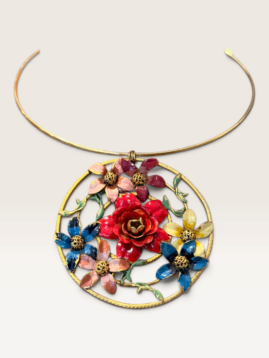Jasmir, hand painted Victorian floral circular pendant on a thin gold choker