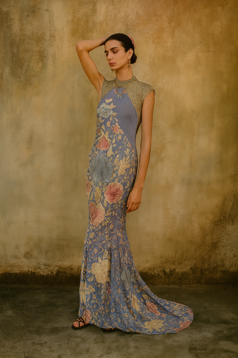 Mina, reworked floral embroidered long piano shawl gown