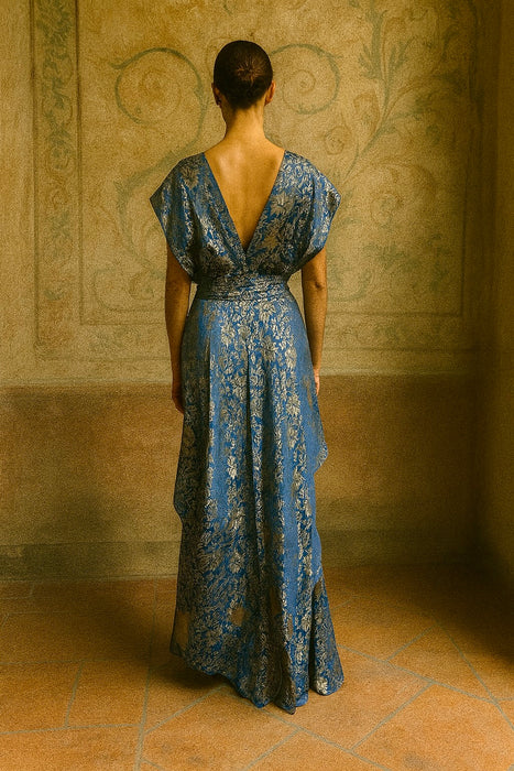 Slay, 30s blue and silver lamé bias cut dress with silver stars