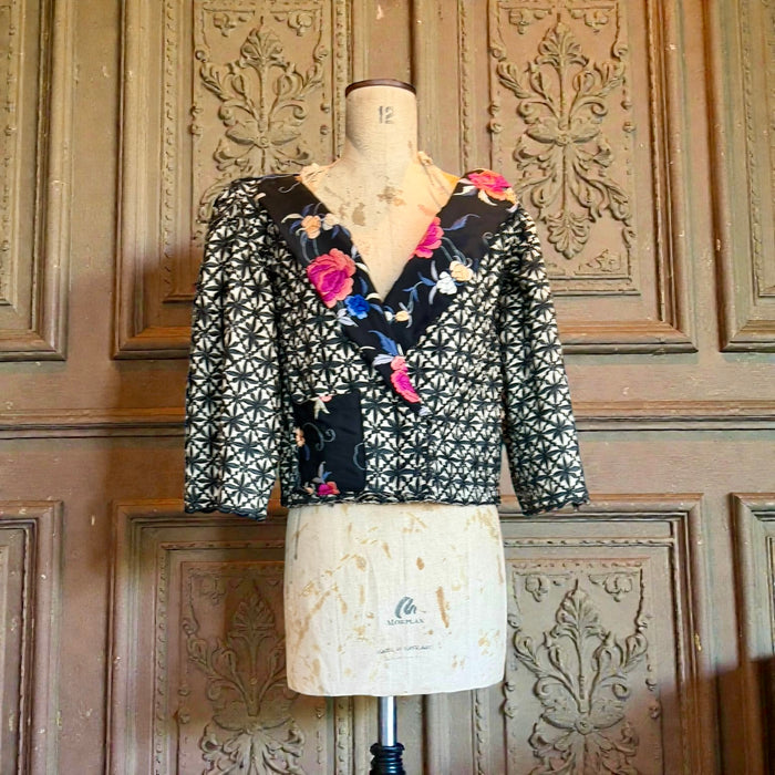 Jade, reworked vintage silk floral jacket with flare sleeves