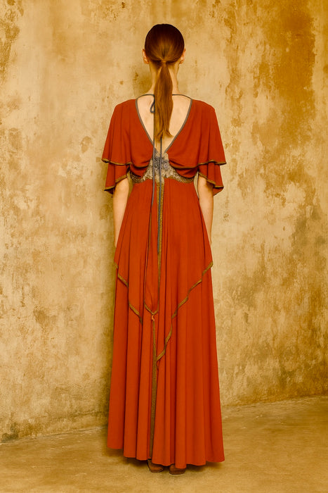 Maude, 70s jersey embroidered tiered dress
