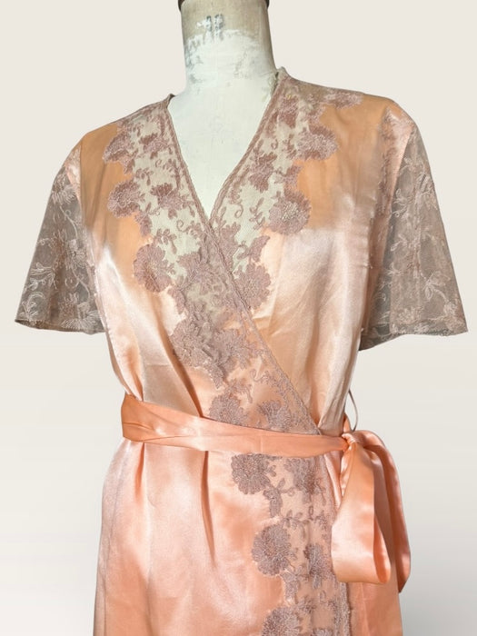 Patina, 30s peach silk and lace tulle belted wrap over dress/robe