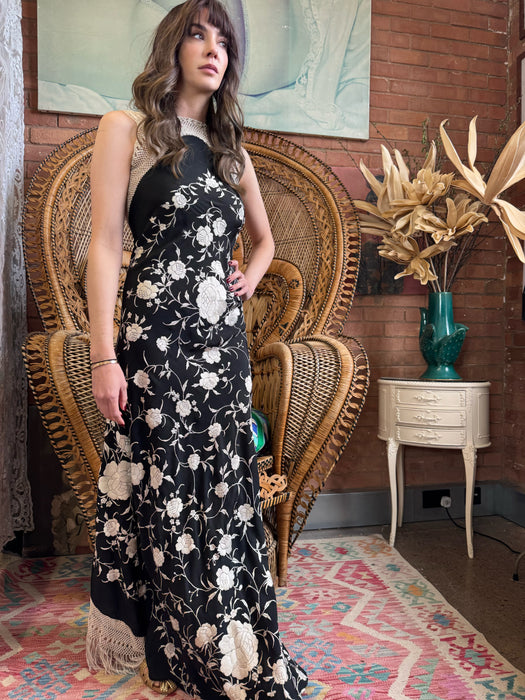 Tara, 40s silk embroidered floral shawl dress