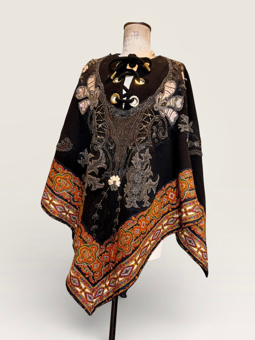 Marina, 70s paisley wool cape with 20s beading and floral embroidery