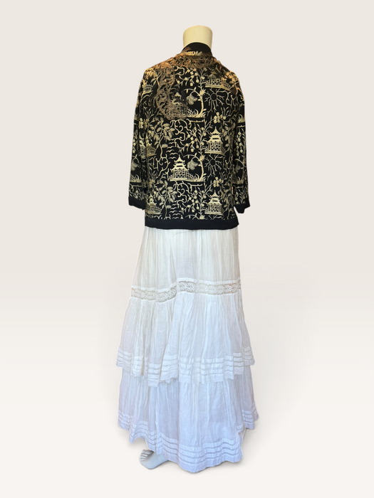 Pagoda, 1930s Chinese embroidered silk jacket with metallic gold embroidery