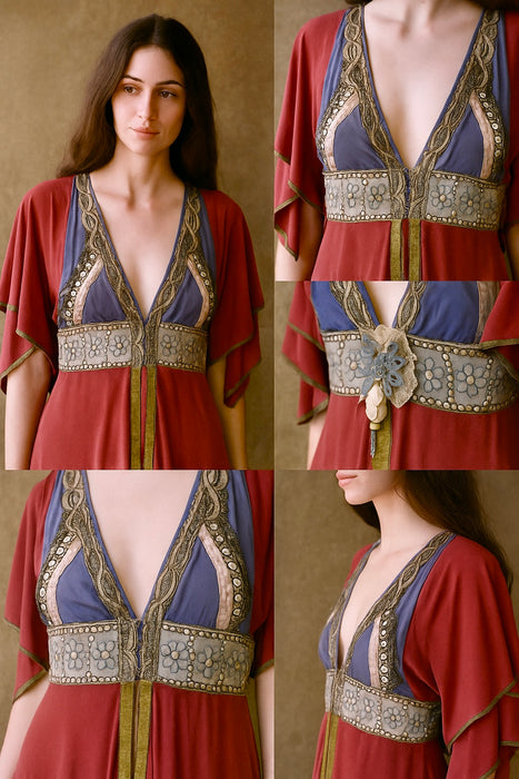 Maude, 70s jersey embroidered tiered dress