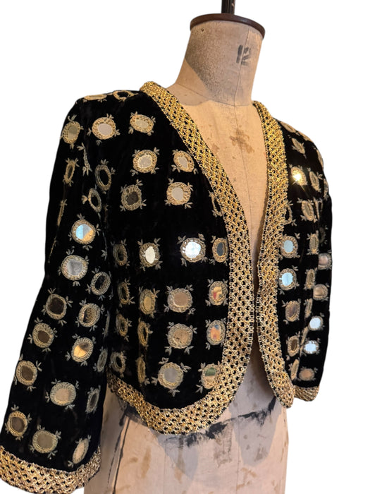 Lola, 70s bohemian black velvet mirrored jacket with gold thread