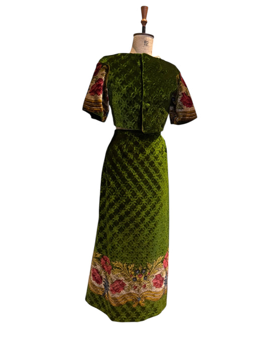 Olivia, reworked Edwardian olive green floral velour skirt and jacket