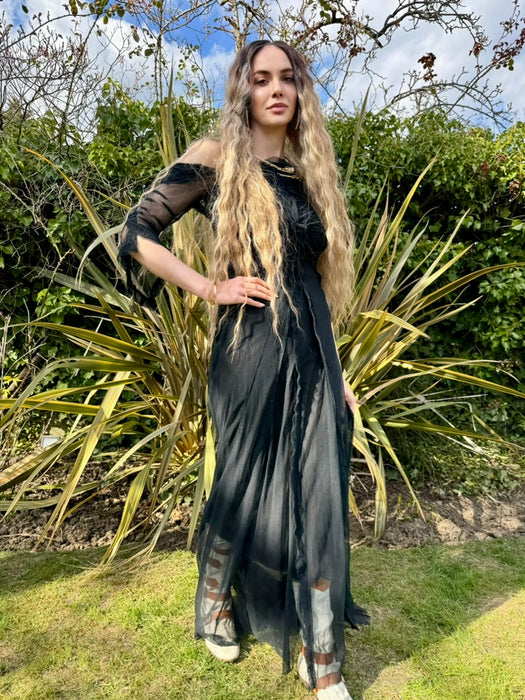 Stevie, 30s black net assymetric pleated gown