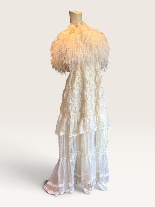 Bodie, vintage white ostrich feather and Victorian silk ruffle skirt