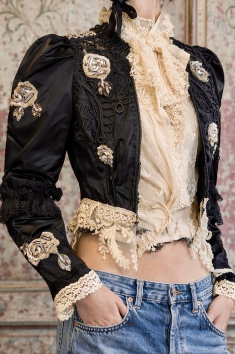 Jolene, embellished Victorian silk and lace button sleeve jacket