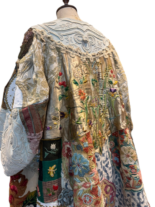 Traina, reworked Museum worthy Victorian, patchwork coat with original gold buttons