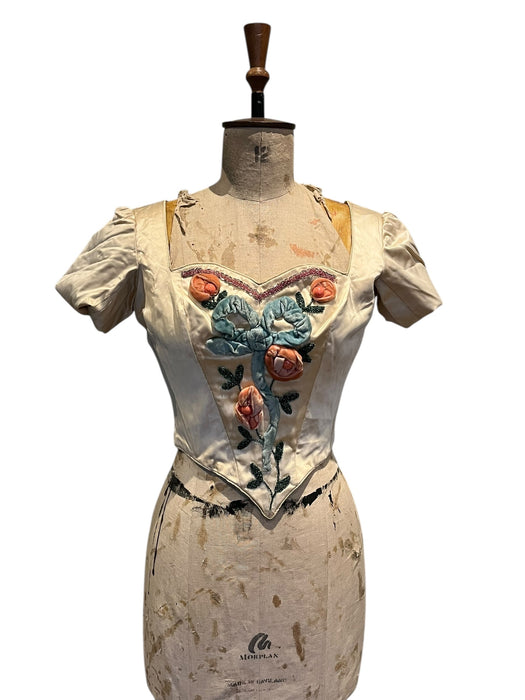 Martha, Victorian silk boned bodice with velvet ribbon flowers