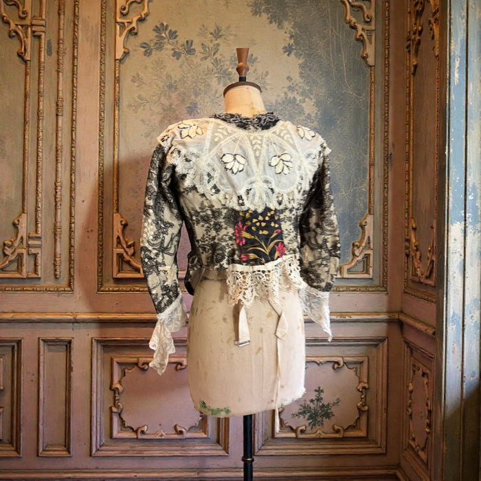 Perry, embellished Victorian lace jacket with hand painted motif