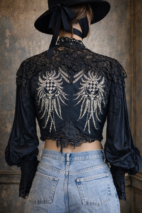 Raine, embellished Victorian silk and beaded silk black jacket