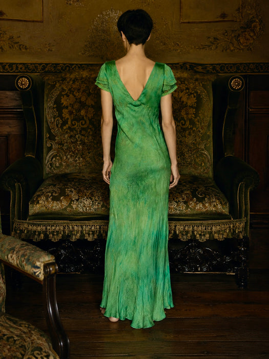 Bora, 1930s emerald green hand dyed silk bias cut dress with lace inserts and Victorian ribbon work florals
