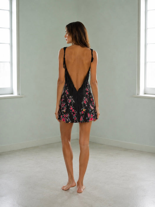 Blackbird, reworked 40s black silk piano shawl floral short dress