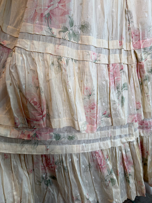 Mattie, reworked Victorian frill, floral cotton dress and lace beaded details