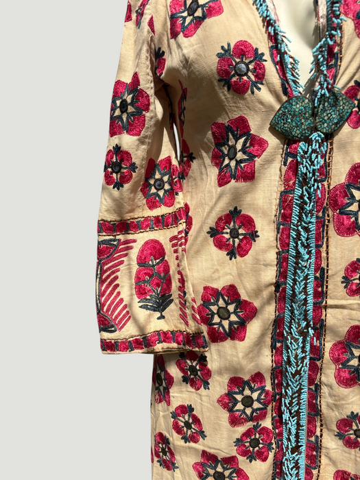 Chapan, early 19th C Uzbek chapan embroidered and beaded robe with couched Edwardian floral embroidery and turquoise buckle