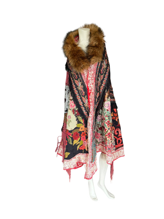 Stacey, reworked 1930, wool embroidered cape with faux fur collar