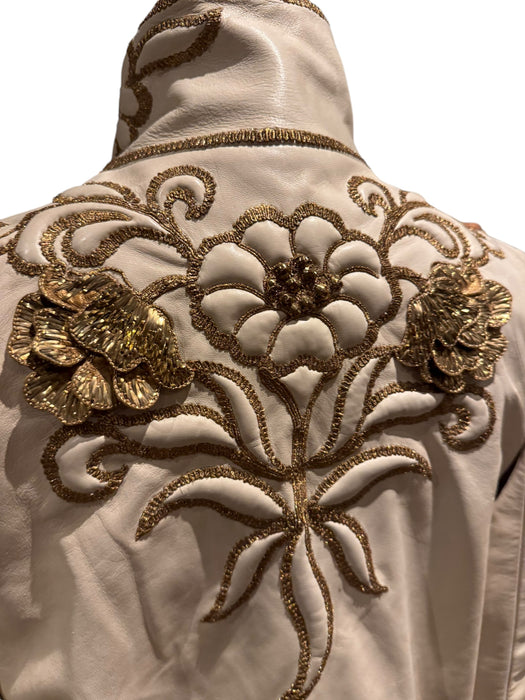 Jean-Louis Sherrer, 80s couture lather nappa cream leather jacket with gold thread quilted embroidery