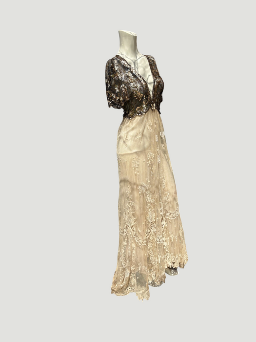 Daisy, 20s black and gold floral sequins and Victorian ecru lace dress