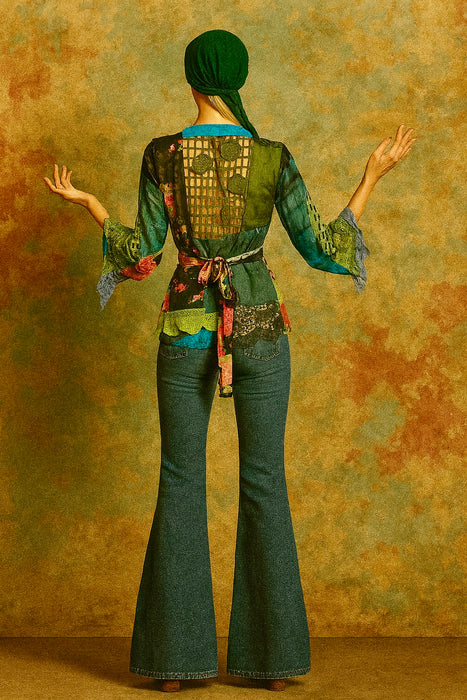 Thalia, reworked patchwork vintage blouse with angel sleeves