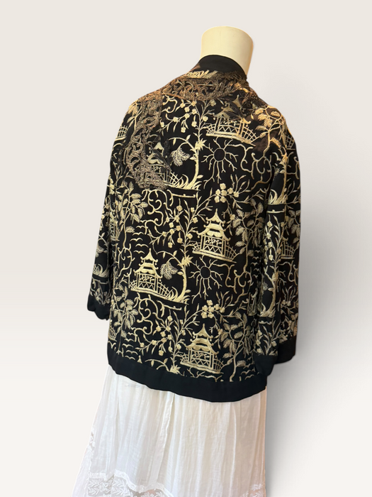 Pagoda, 1930s Chinese embroidered silk jacket with metallic gold embroidery
