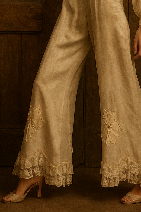 Sally, reworked 20s Pongee floral jumpsuit with lace silk