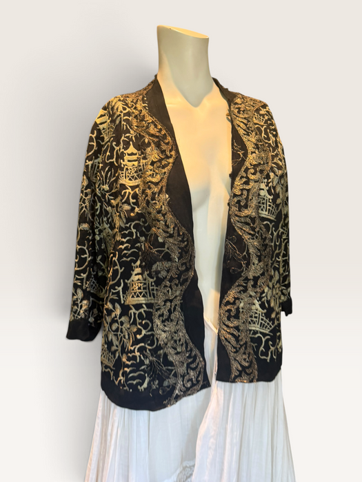 Pagoda, 1930s Chinese embroidered silk jacket with metallic gold embroidery