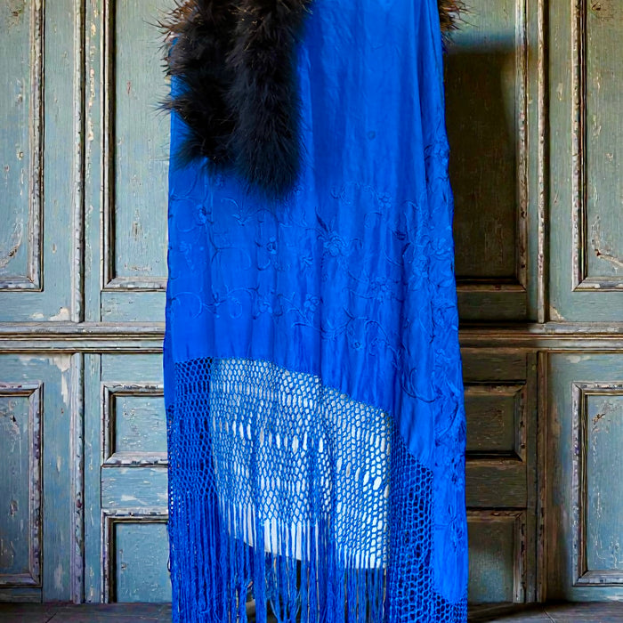 Sasha, 40s cobalt blue embroidered piano shawl feather fringed cape