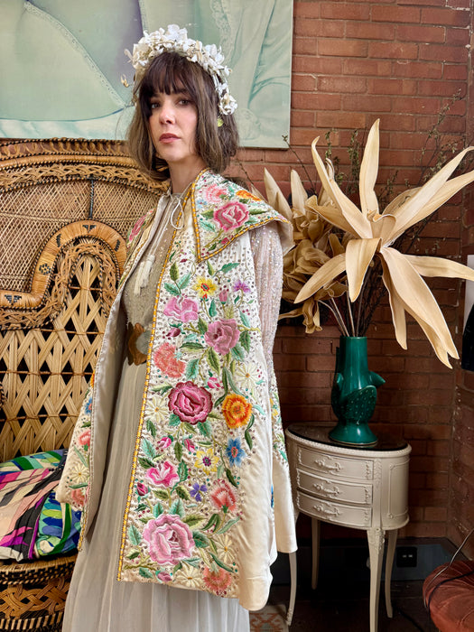 Sabrina, 30s silk floral embroidered and sequins cape