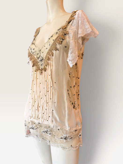 Ally, reworked 1920s silk and lace tunic with rhinestone detailing