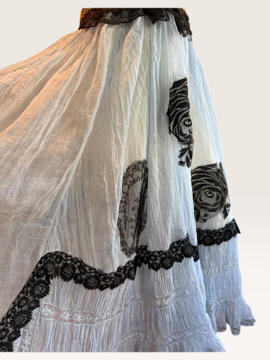 Portia, hand dyed Victorian pale blue cotton and black Chantilly lace dress