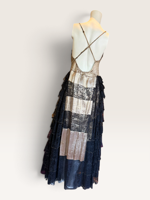 Fay, reworked 1930s gold and black lace tiered dress