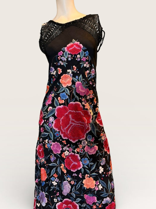 Birdie, reworked 40s embroidered piano shawl bias cut fringed dress