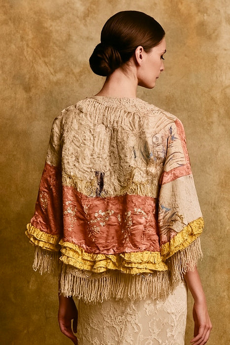 Shakes, 40s patchwork fringed cape with tassel tie
