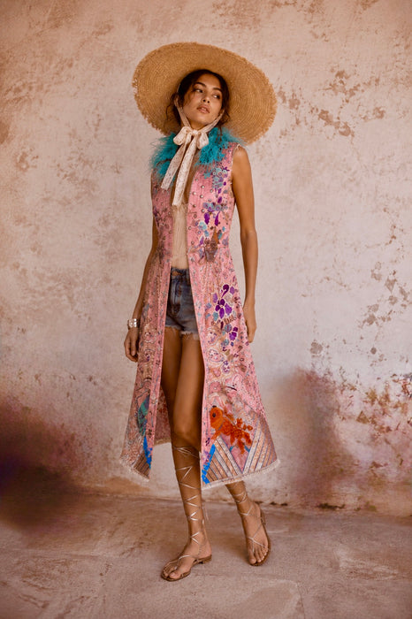 Adage, 19thC pink silk embroidered Chinese long waistcoat with feather collar